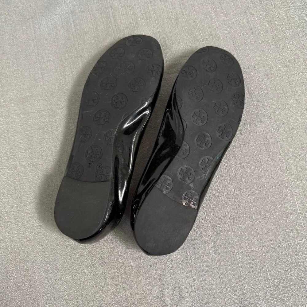 Tory Burch Reva Black Patent Leather Ballet Flats 7M Medallion Logo Timeless